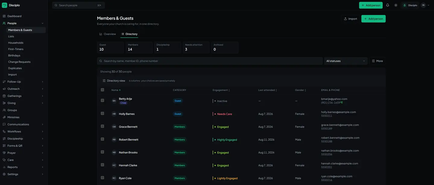 Disciplo Members & Guests directory, dark theme